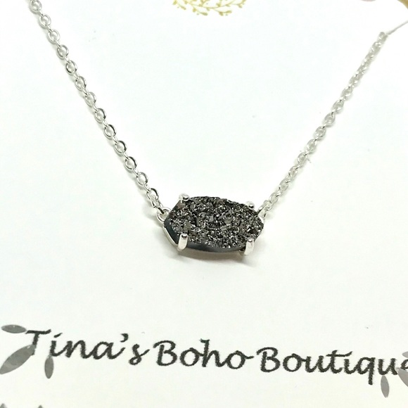 NEW 💎 Gray platinum Druzy Necklace silver chain - Picture 2 of 4